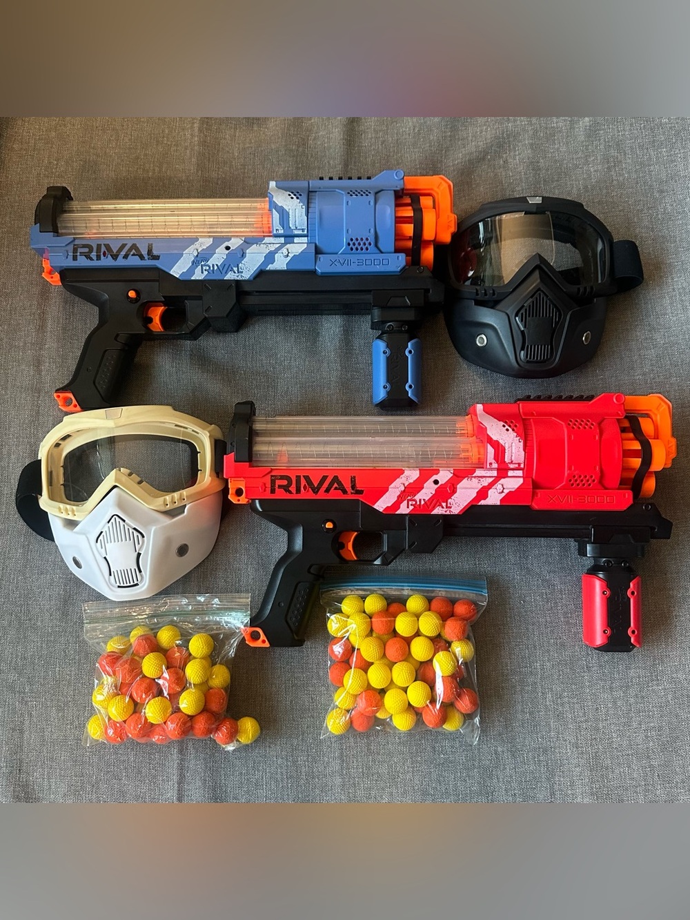 Two Nerf Rival Artemis Xvii-3000 Guns, 100 Rounds & Face Masks